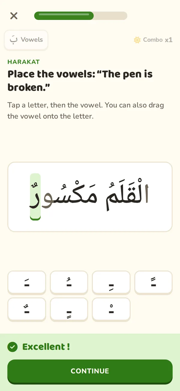 Vowel exercise: placing the harakat on a sentence from the book.