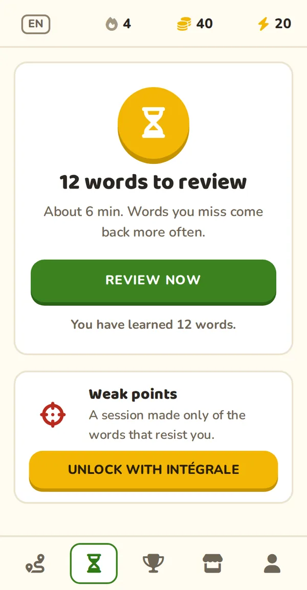 Reviews tab: the words due today and the estimated time.