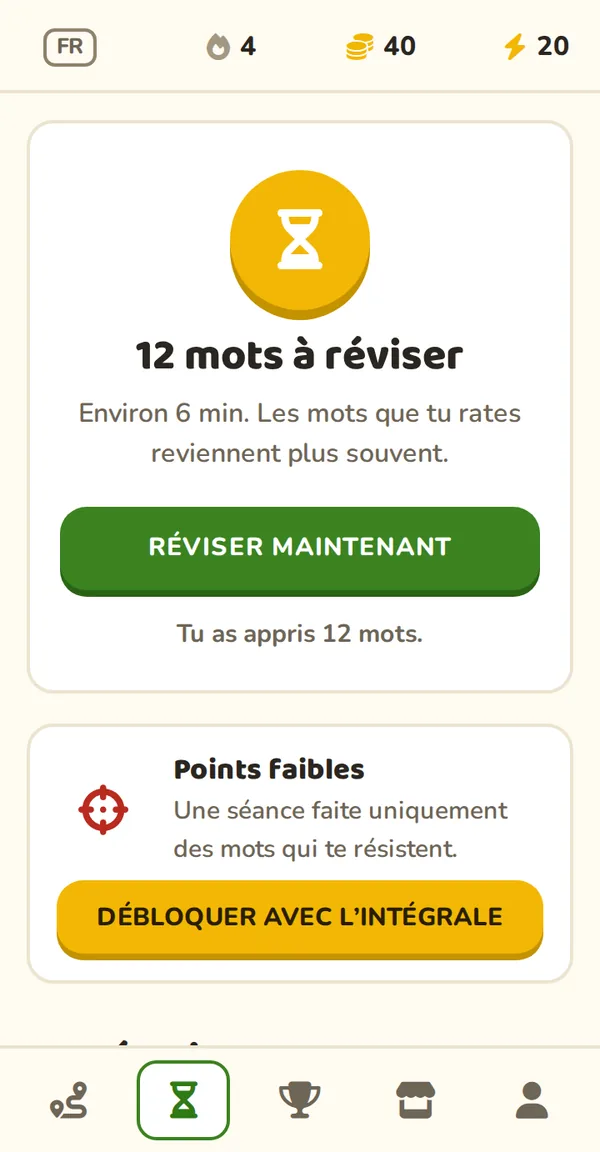 Onglet Révisions : les mots à revoir aujourd’hui et la durée estimée.